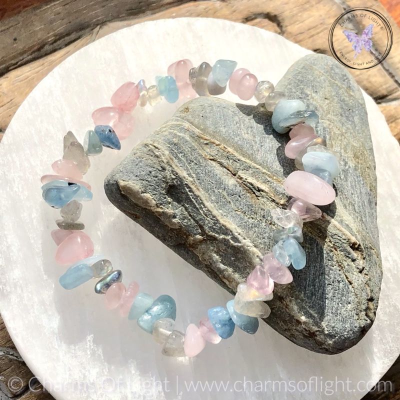 Rose Quartz, Labradorite & Aquamarine Crystal Chip Stretch Bracelet